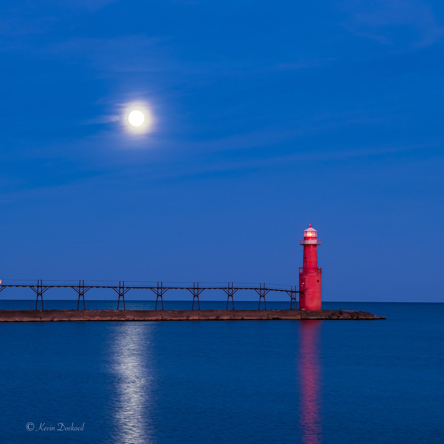 Lighthouse Red on Blue Moonrise Reflections Select