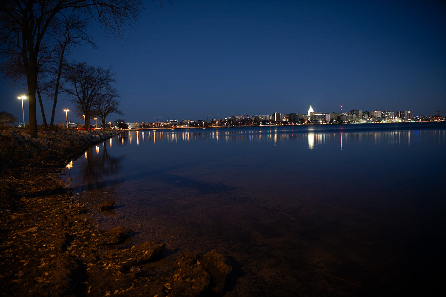 Wisconsin Capitol Night Scene Lake Monona Madison