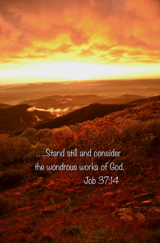 Sunset over a landscape with a quote from Job 37:14.